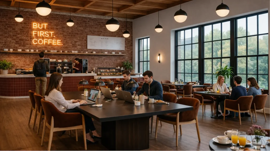 Brick-walled hotel lounge with guests working at a long communal table