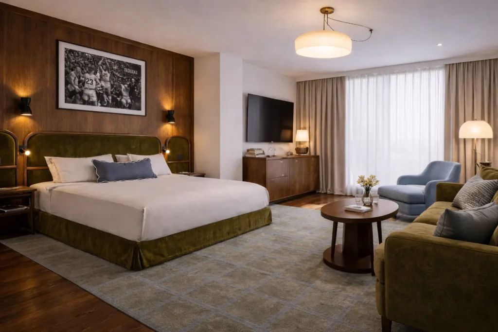 Hotel suite with a green velvet bench at the foot of the bed and a seating area