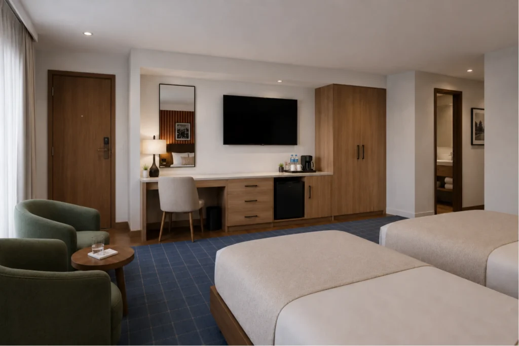 Hotel room with a work desk, kitchenette and bed on patterned blue carpet