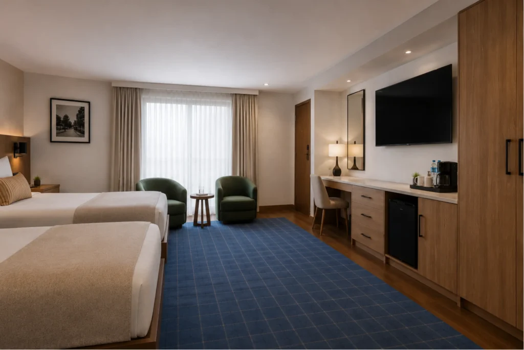 Hotel room with twin beds, green armchairs and a wall-mounted television