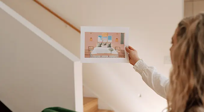 Hand holding a mood board print against a white wall