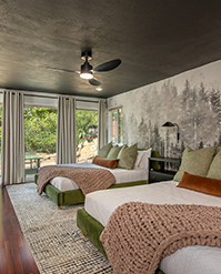 Two beds in front of a forest mural with a garden view