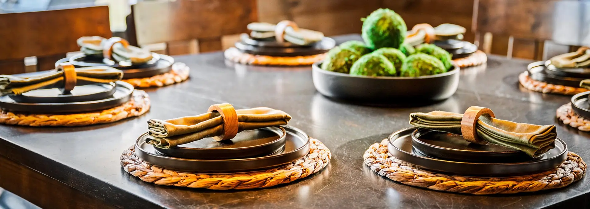 Styled kitchen counter with bowls, artichokes and woven placemats