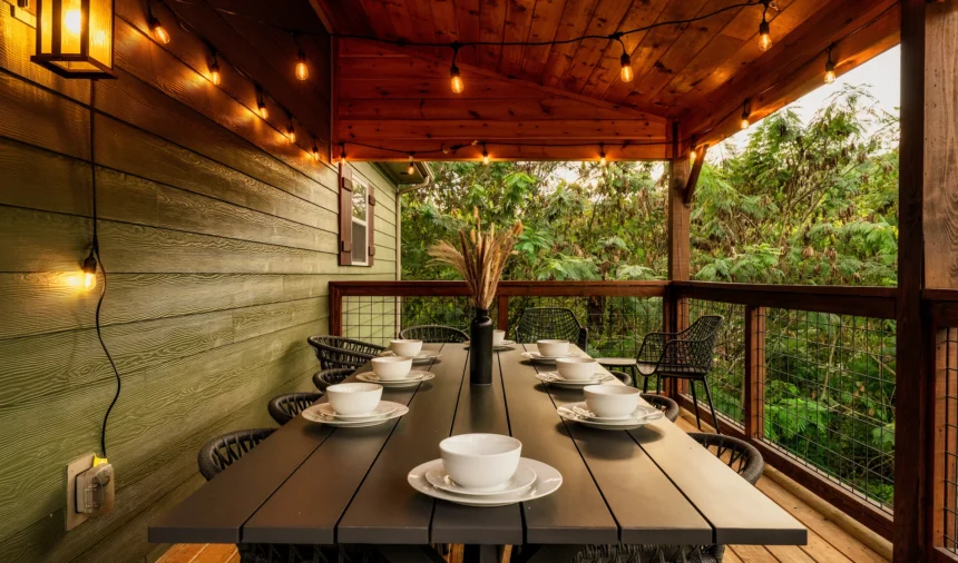 Covered deck dining table at dusk under string lights