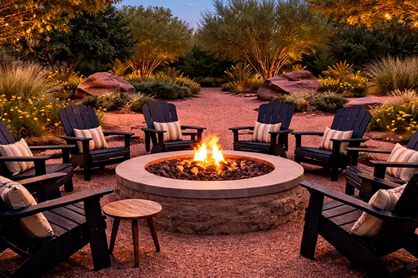 Fire pit with Adirondack chairs in a desert garden at dusk