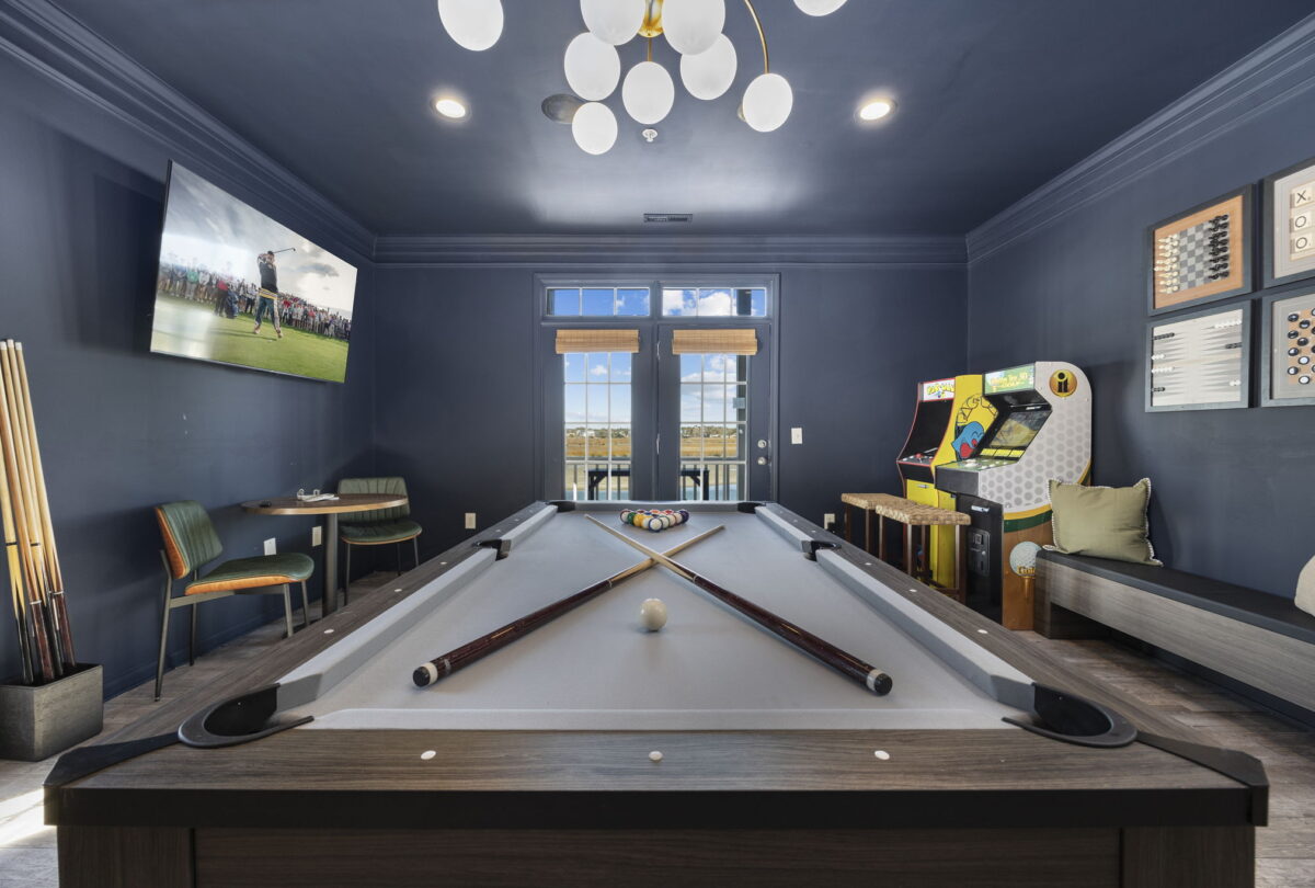 Games room with a shuffleboard table, arcade cabinet and navy ceiling