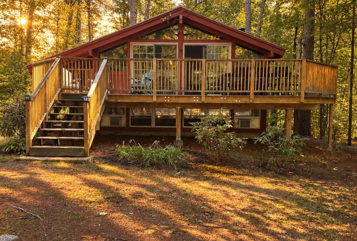 The chalet at golden hour, seen through the woodland