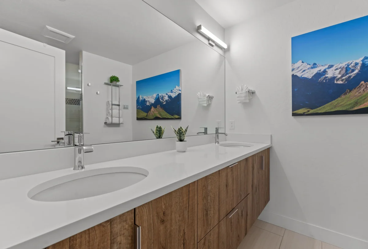 Bathroom with a double vanity and a mountain print