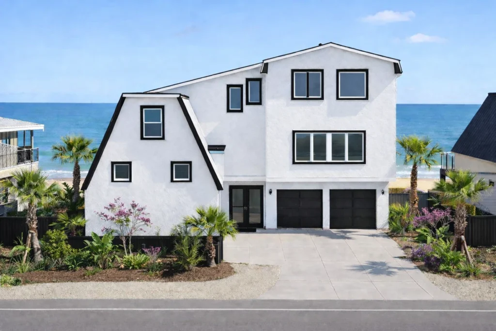 White oceanfront house with black-framed windows and palm trees