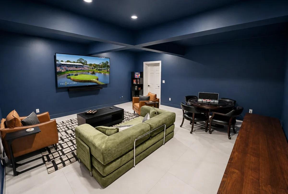 Entertainment room with a poker table and a green sofa