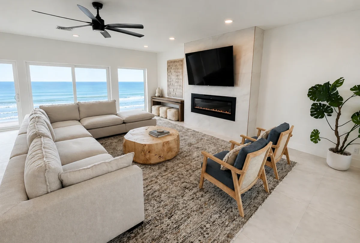 Living room with a cream sofa and ocean views through the windows