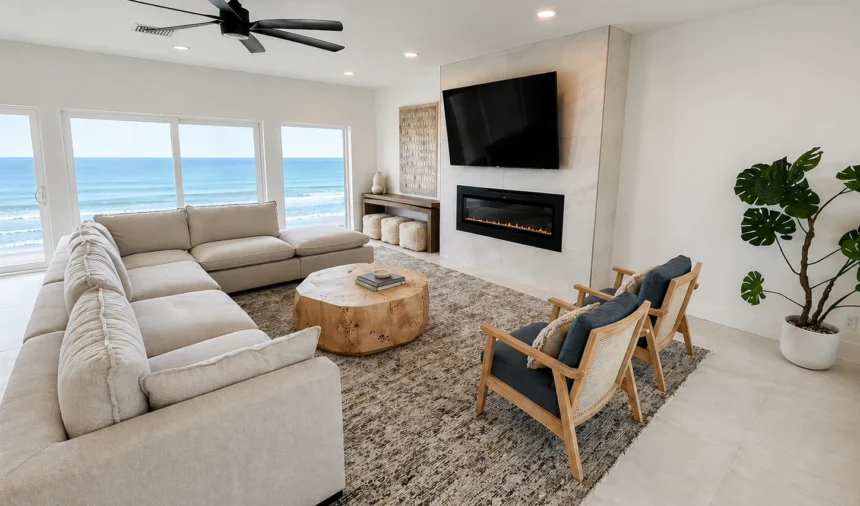 Living room with a cream sofa and ocean views through the windows
