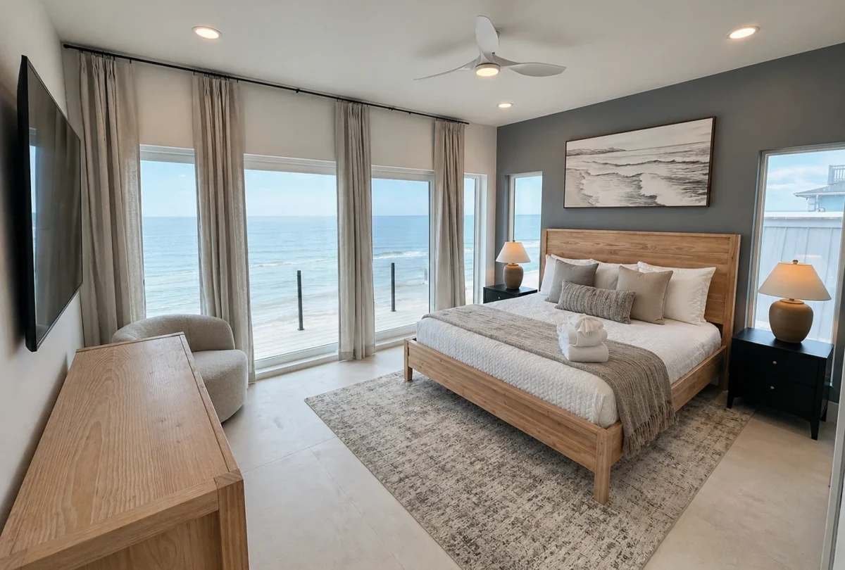 Primary bedroom with the ocean visible from the bed