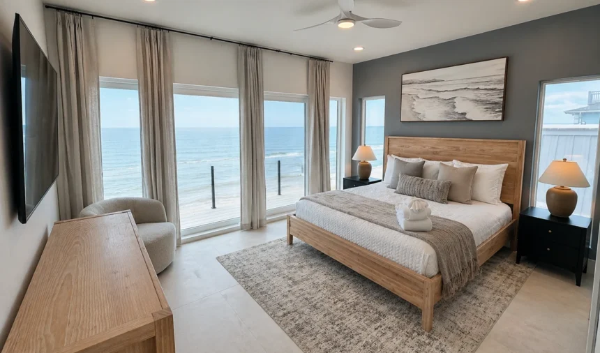 Primary bedroom with the ocean visible from the bed
