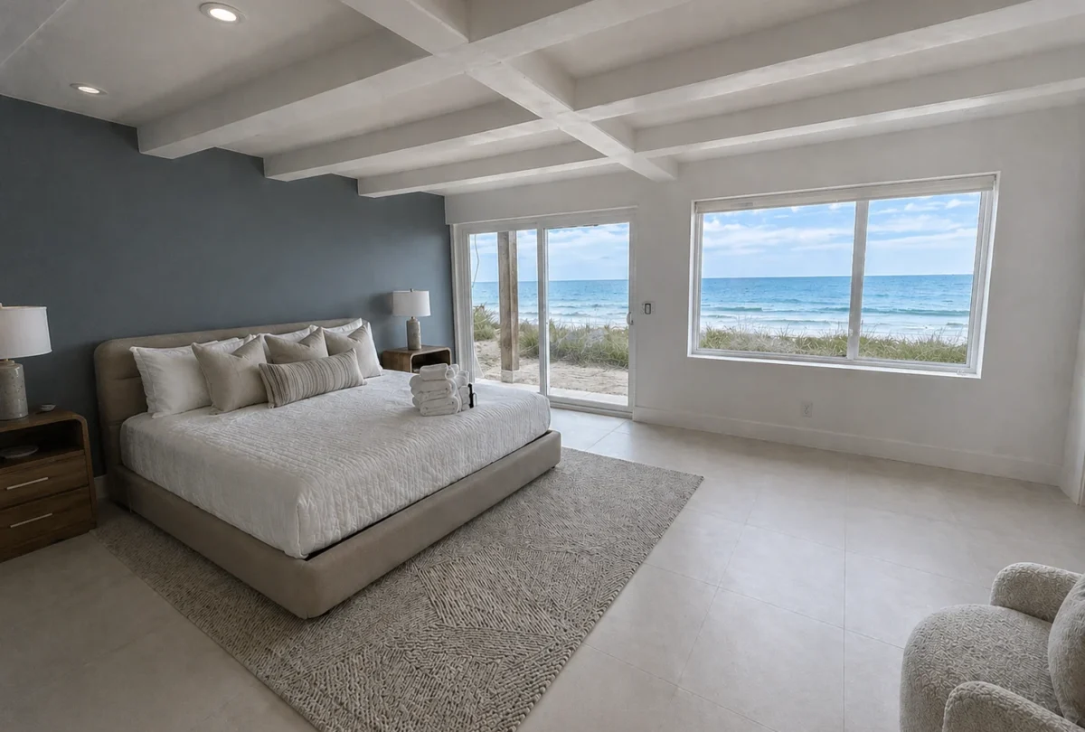 Bedroom with a grey accent wall and a window onto the sea