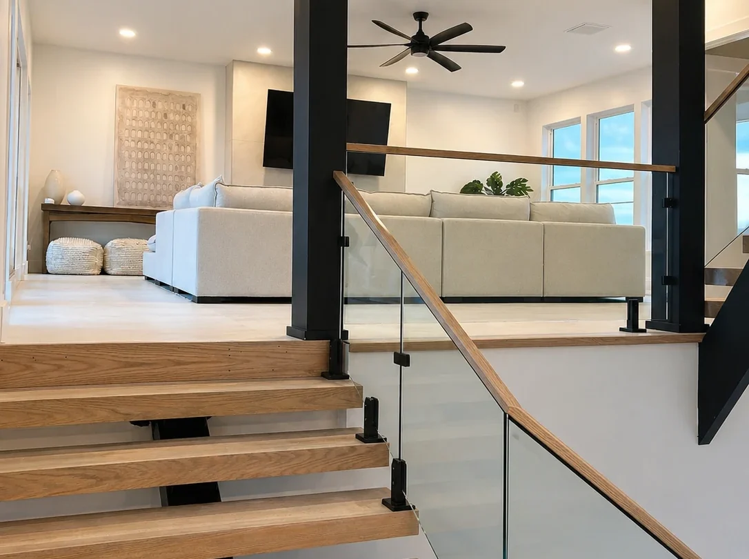 Floating staircase beside the open-plan living room