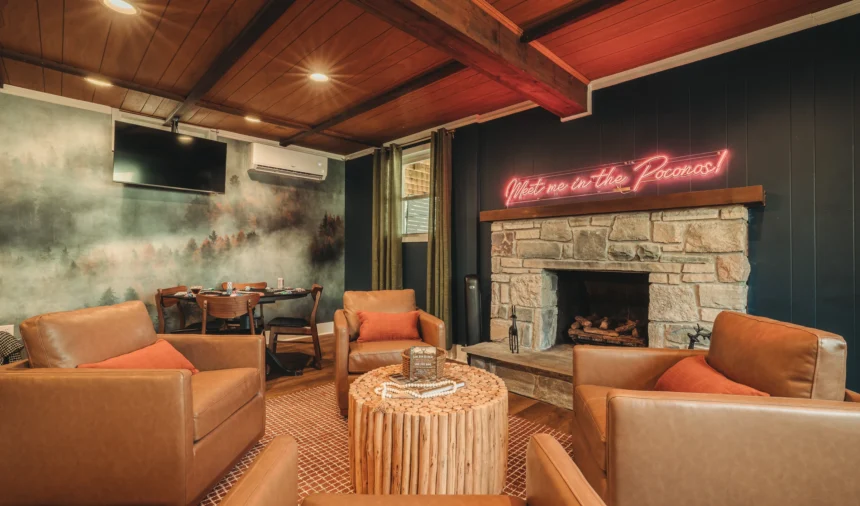 Lounge with a stone fireplace below a neon sign reading Meet me in the Poconos