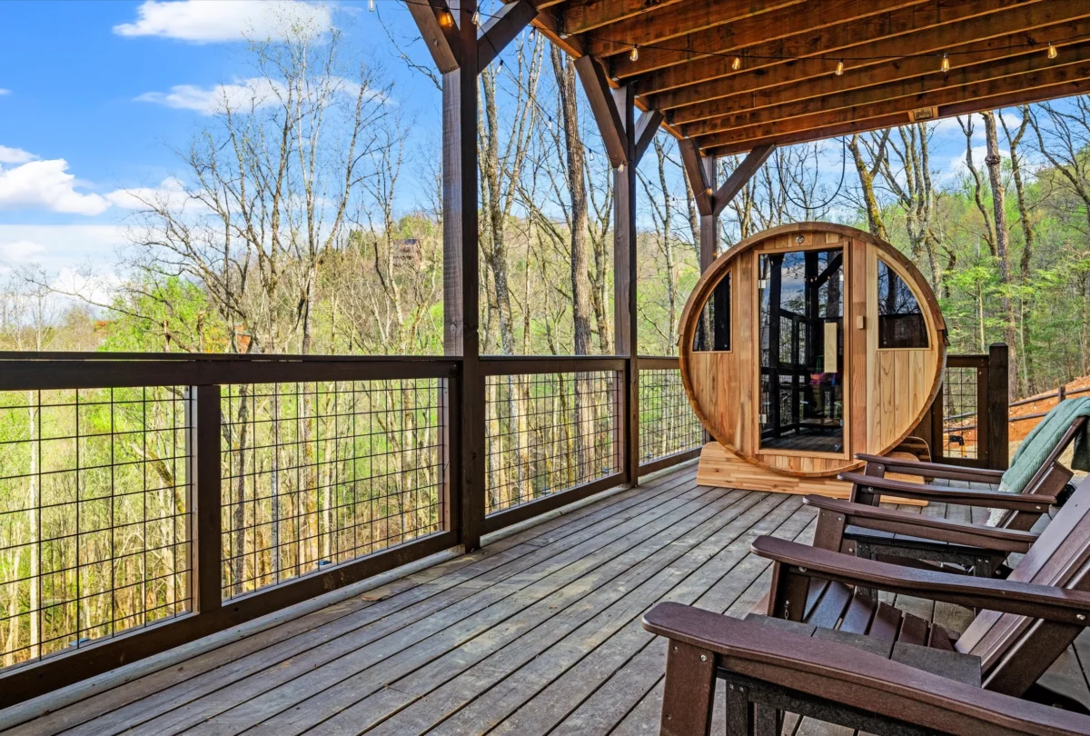 Barrel sauna at the end of the screened deck