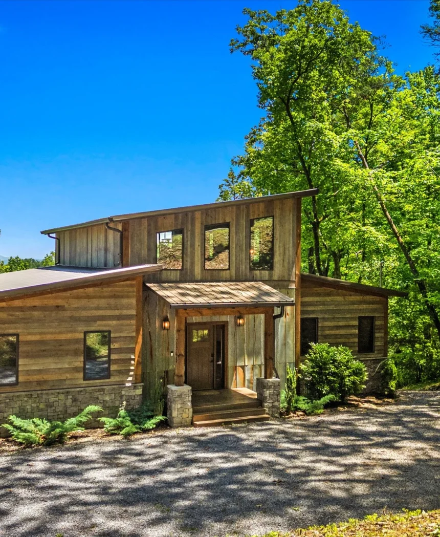 Timber-clad cabin among the spring woodland
